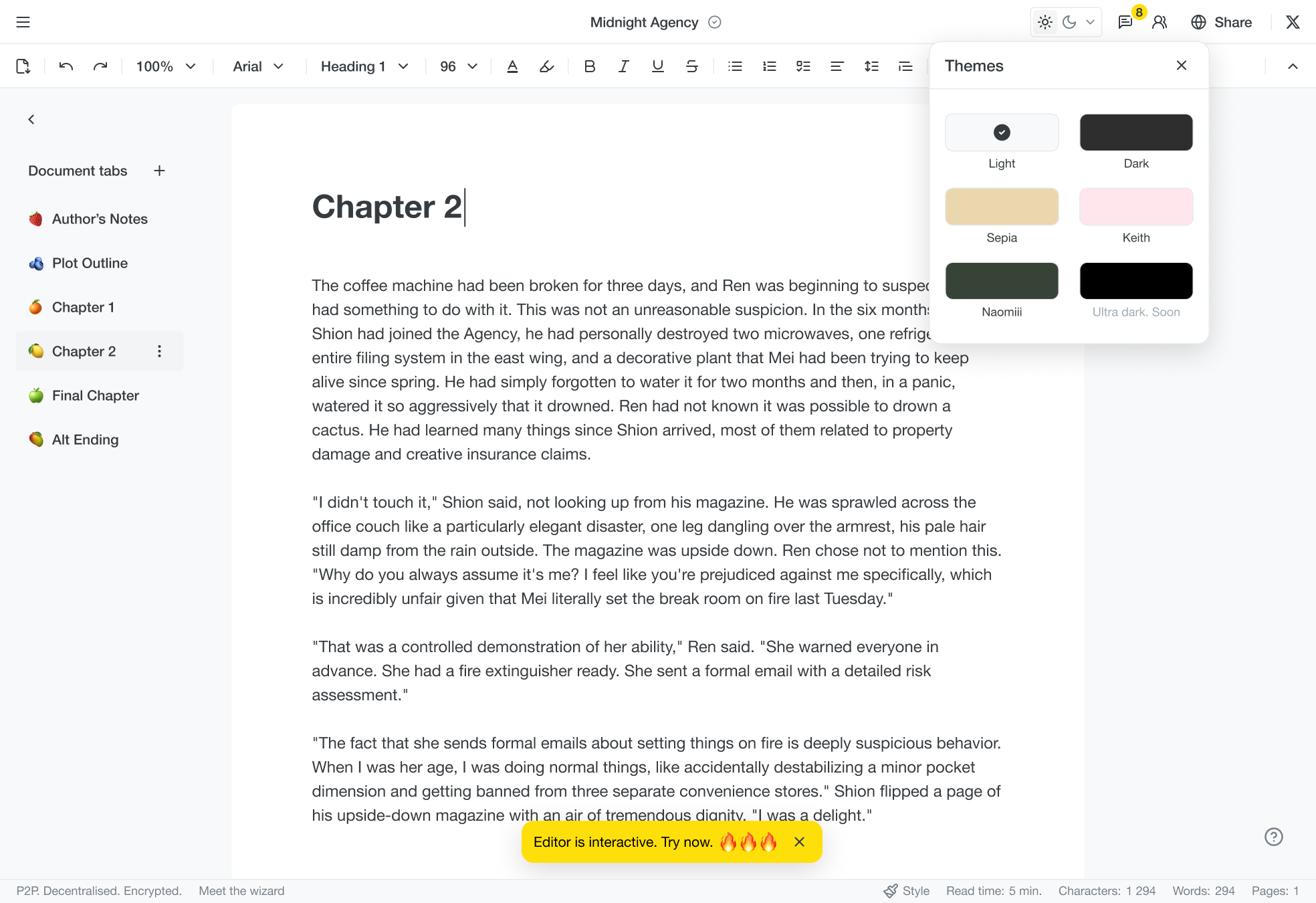 A fanfiction draft open in the dDocs end-to-end encrypted editor with real-time collaboration