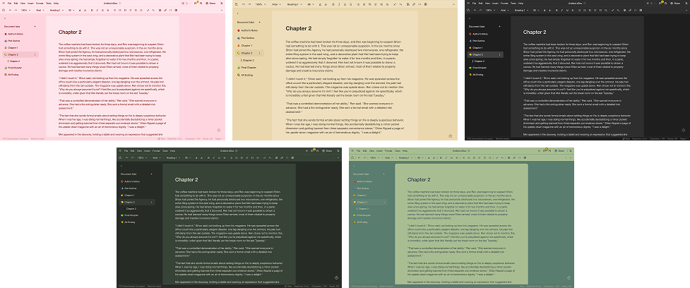 A fic shown in several custom colour themes