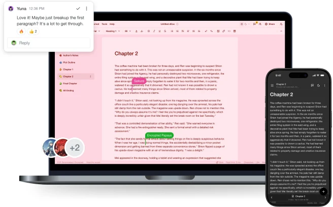 A fanfiction draft open on laptop and mobile with collaborative comments